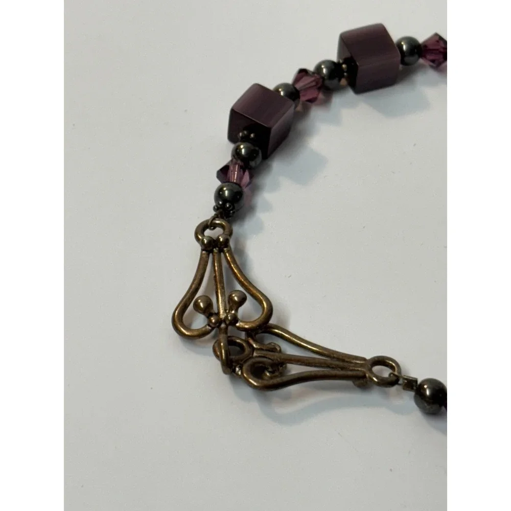 Vintage Necklace Purple Glass Beads Detailed Metal Clasp 14 In Choker Girly Boho